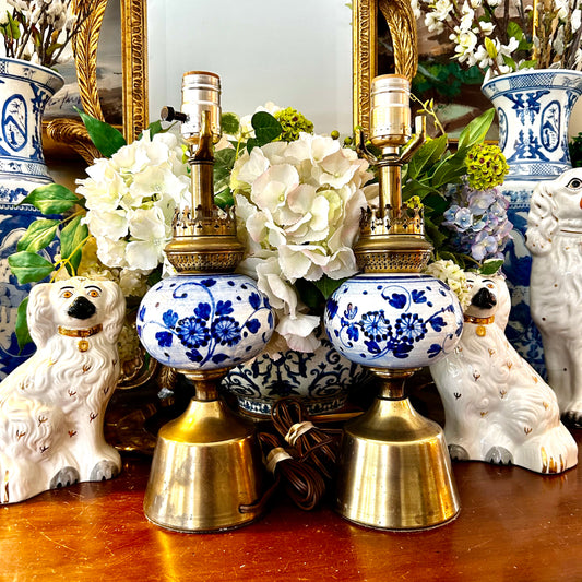Pair older Vintage brass  blue and white porcelain Lamps