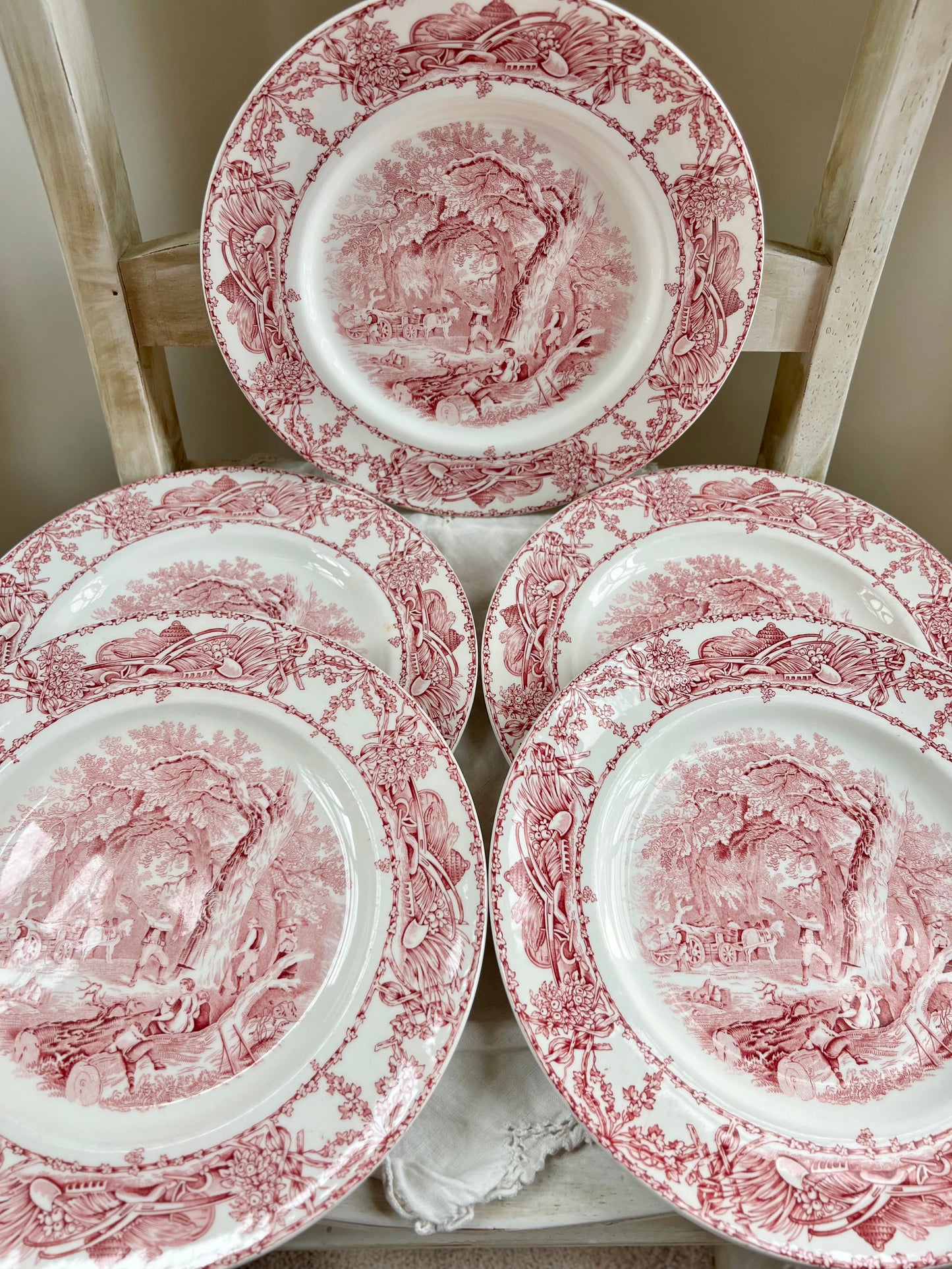 Vintage Set (5) Pastoral Davenport Red / Pink Transferware Dinner Plates