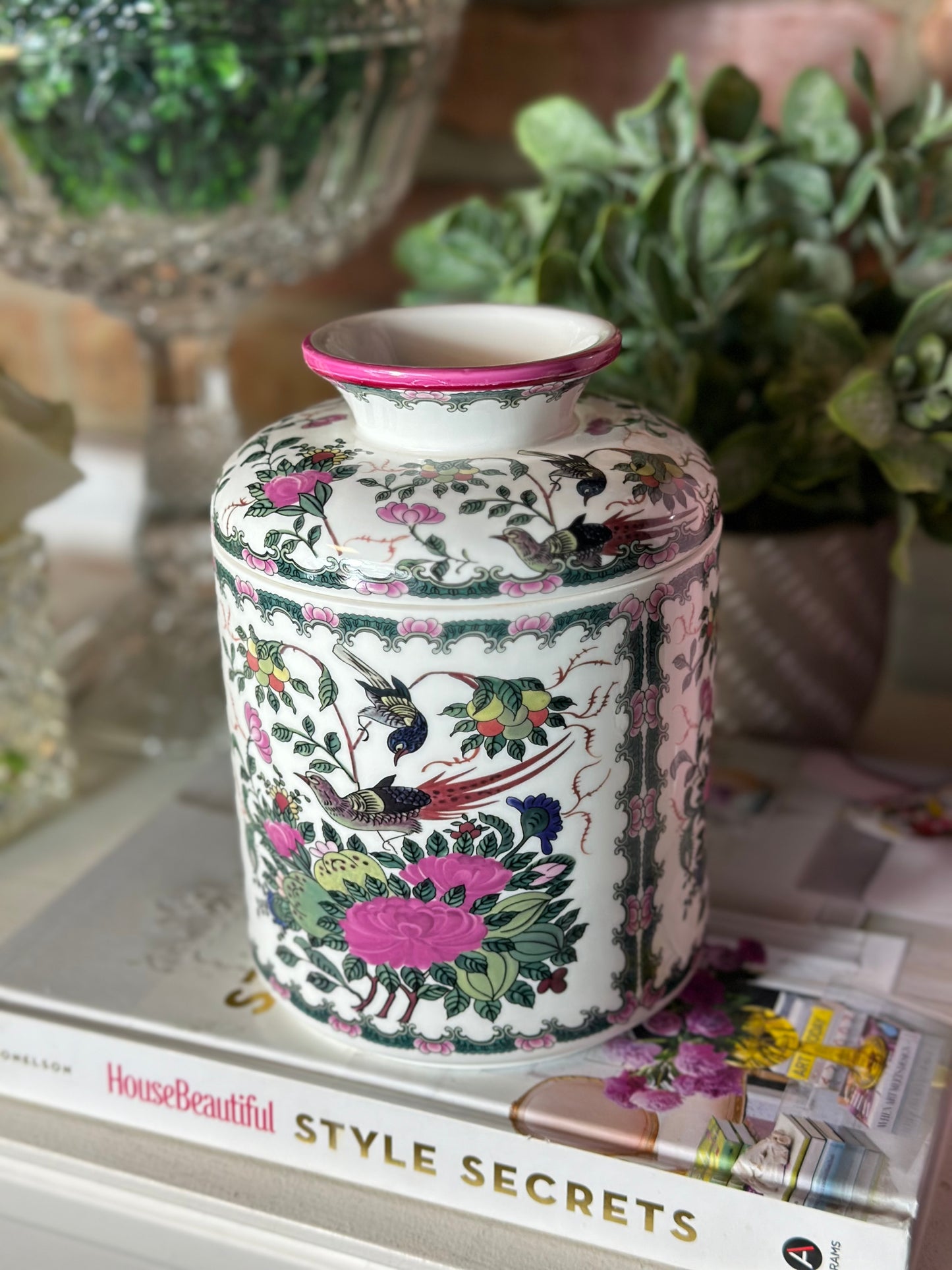 Pink Peony Porcelain Lidded Tissue Box, 5x5x7"