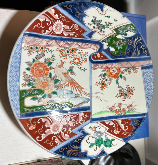 RM11/1Very Large Imari Plate with Birds and Flower Hand painted designs 14 1/2”