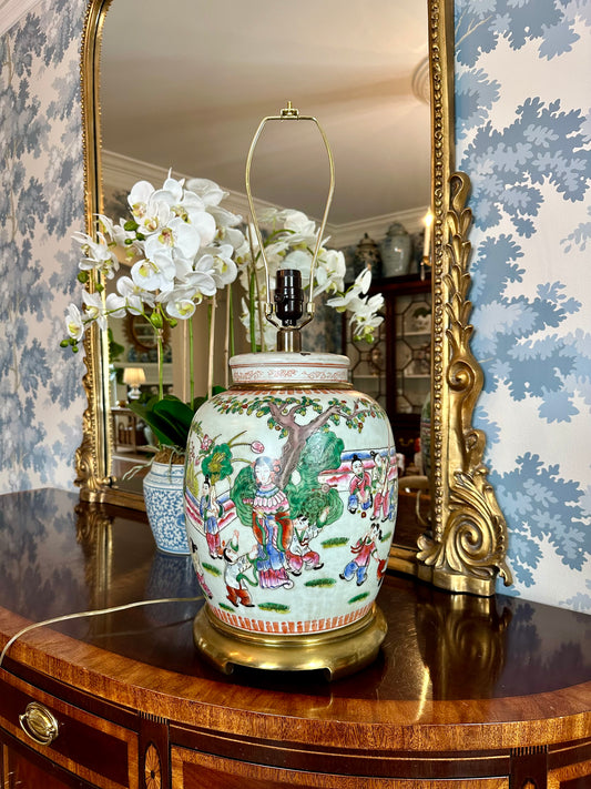 Fabulous Fat Ginger Jar Lamp w Brass Base & Vivid Colors