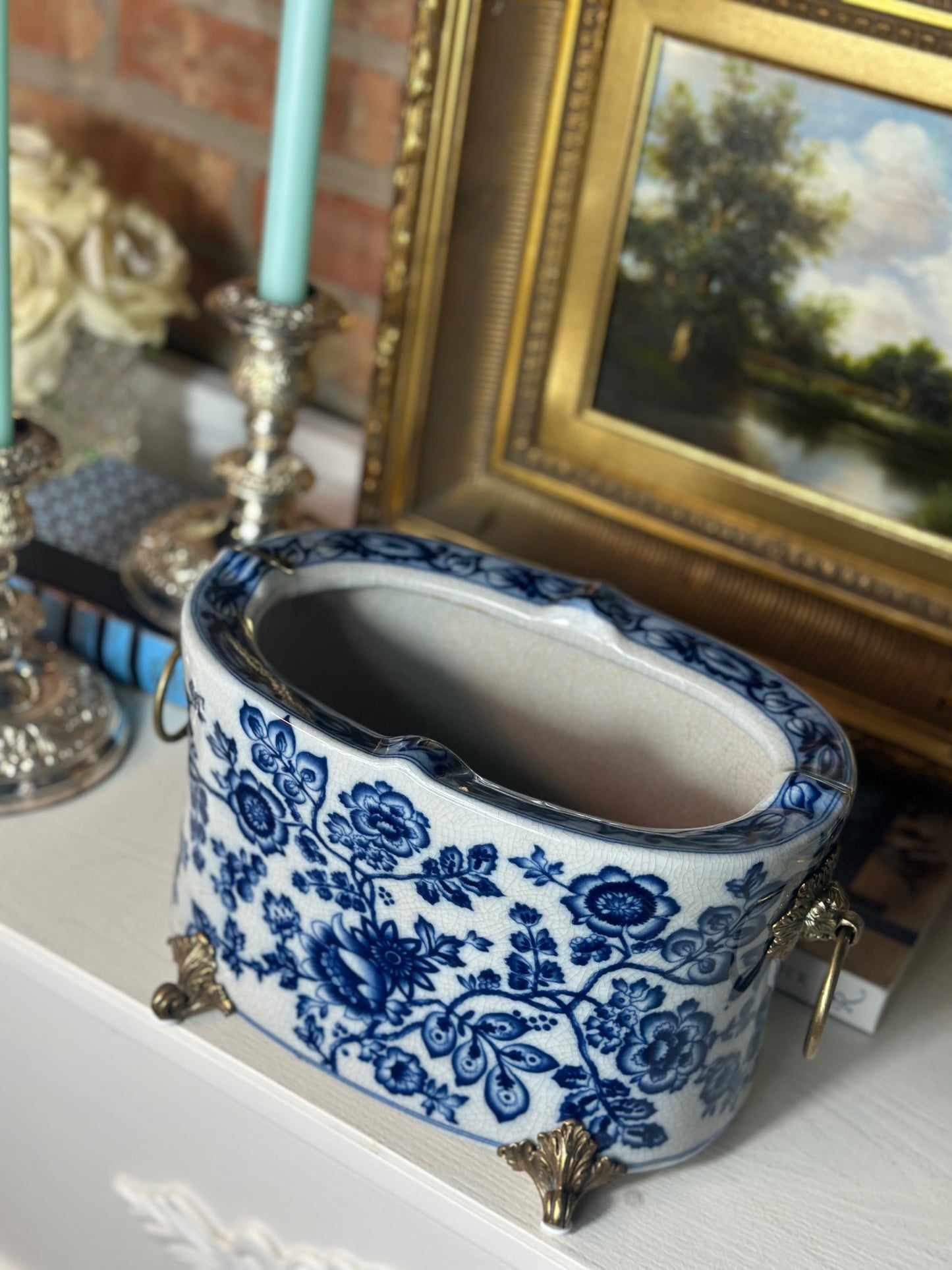 Oval Basin With Bronze-Blue And White, 12x7x7