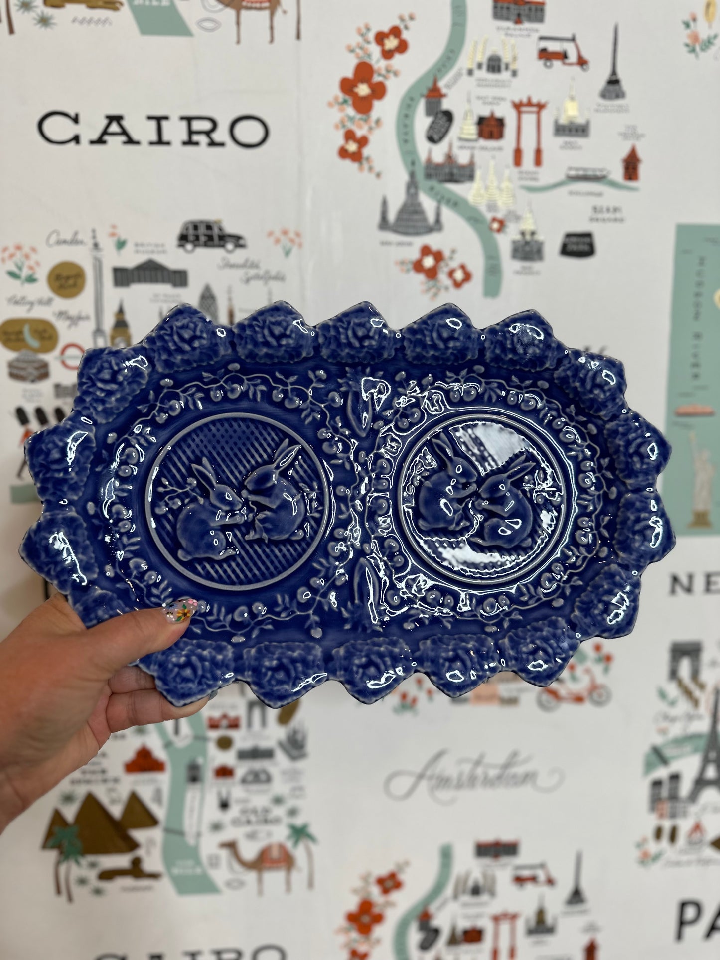 Pristine Bordallo Pinheiro Sapphire Blue Bunny Large Sandwich Tray, Made in Portugal, 13.25"