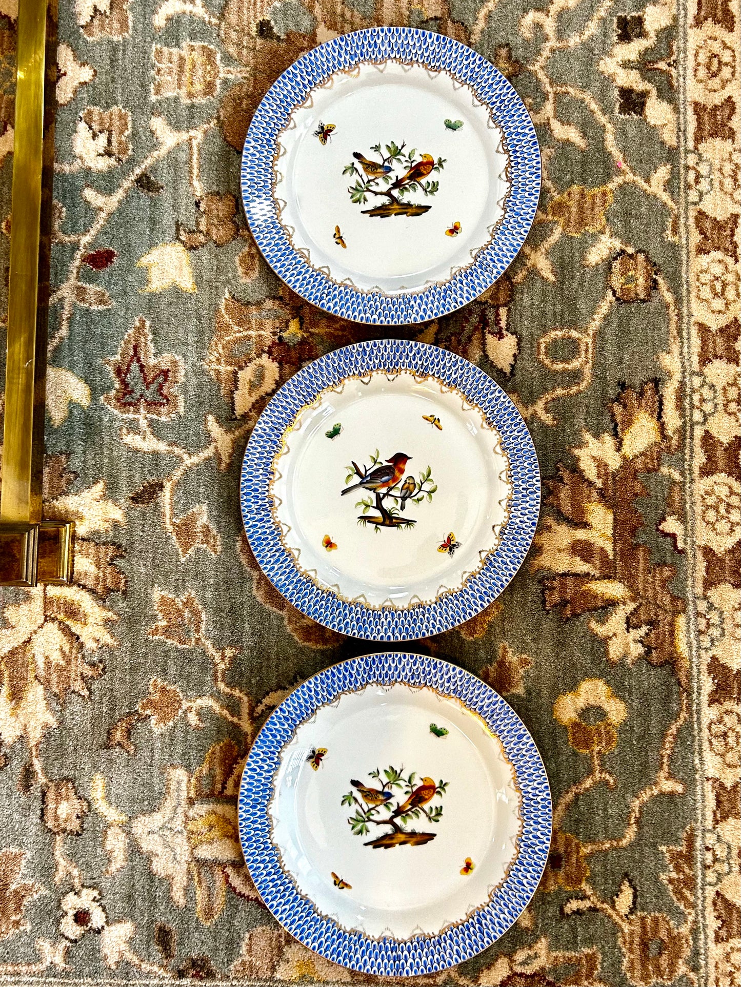 3 Available Gorgeous Large Andrea Sadek Fishnet Blue Banded Dinner Plates w Birds sold each