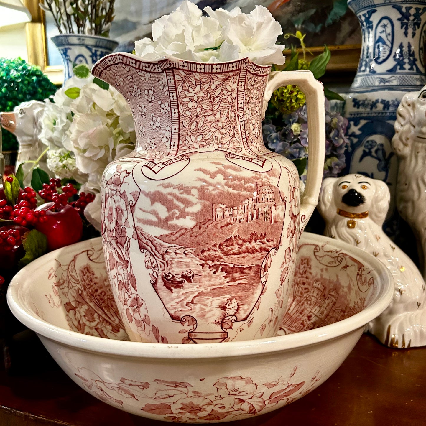 Antique English pink & white wash basin, Pitcher W/ Bowl - Excellent Condition!