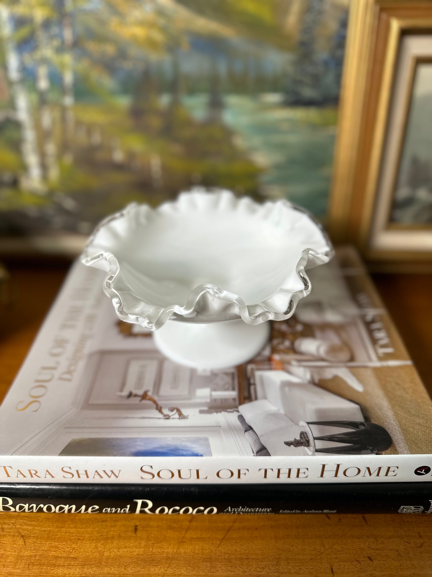 Vintage “Silver Crest” White Milk Glass Pedestal Bowl Compote by Fenton, 7”