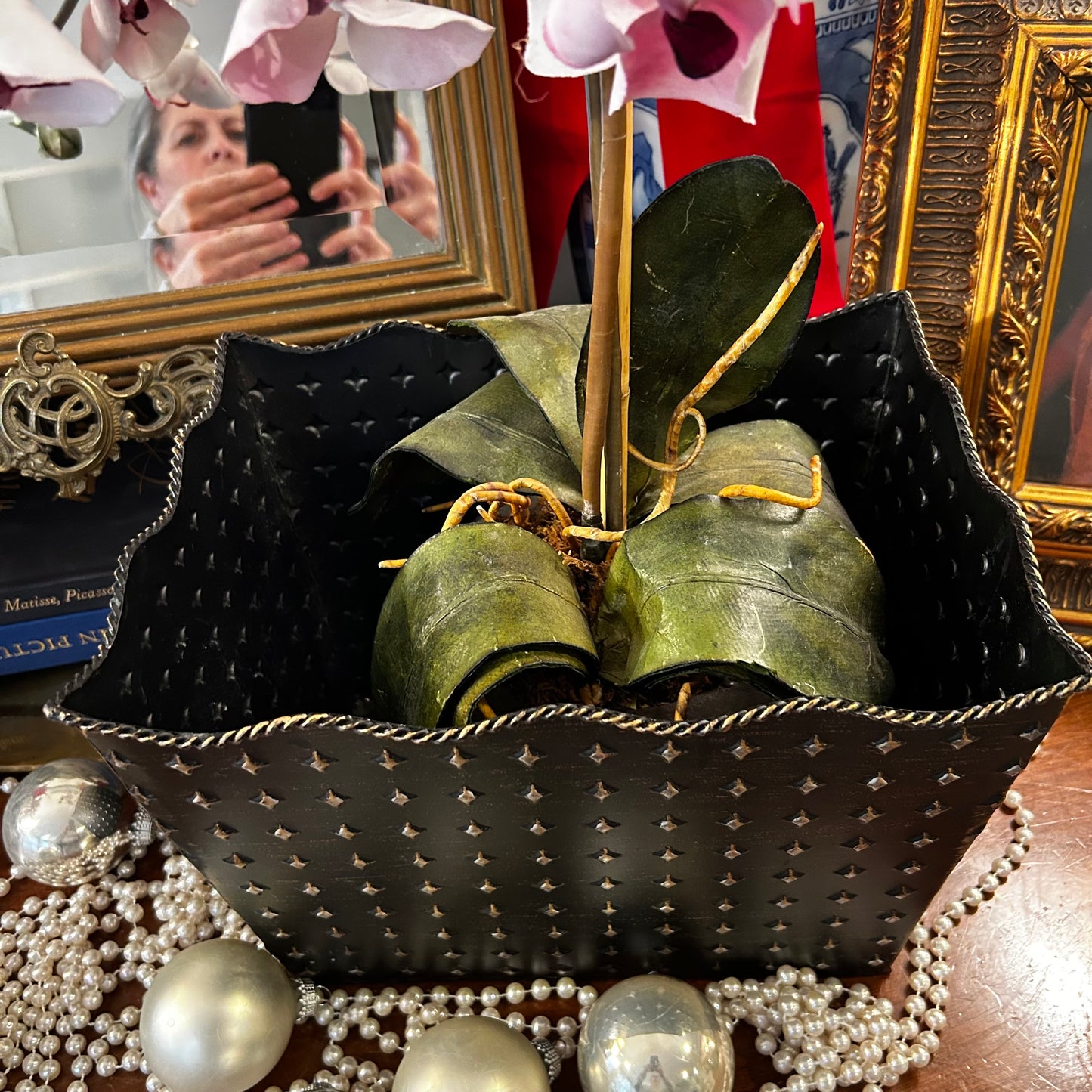 Vintage ebony black & gold tole metal planter centerpiece