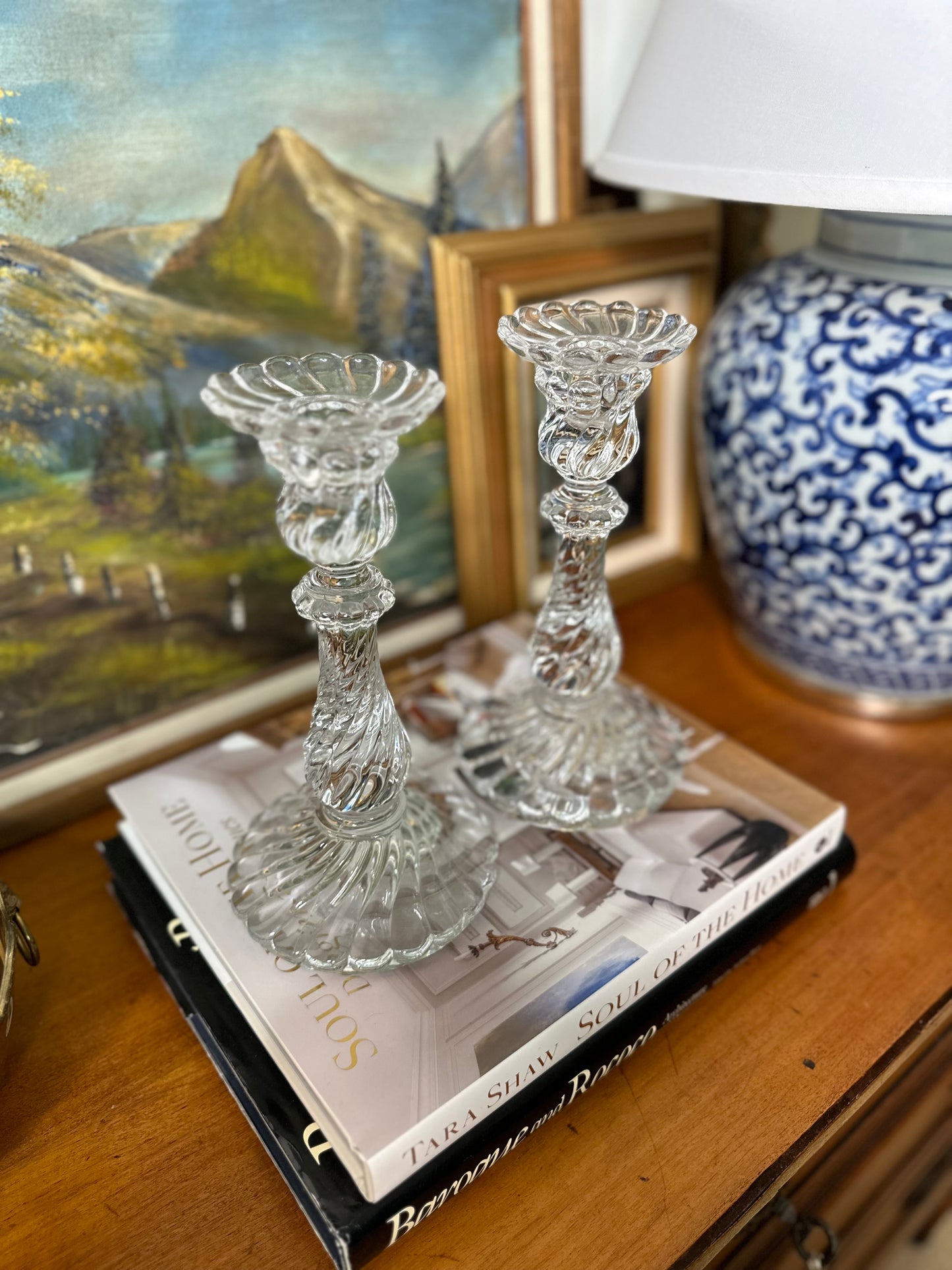 Stunning Early 20th Century Vintage Baccarat Bambous Crystal Candlesticks Pair, Made in France, 9"