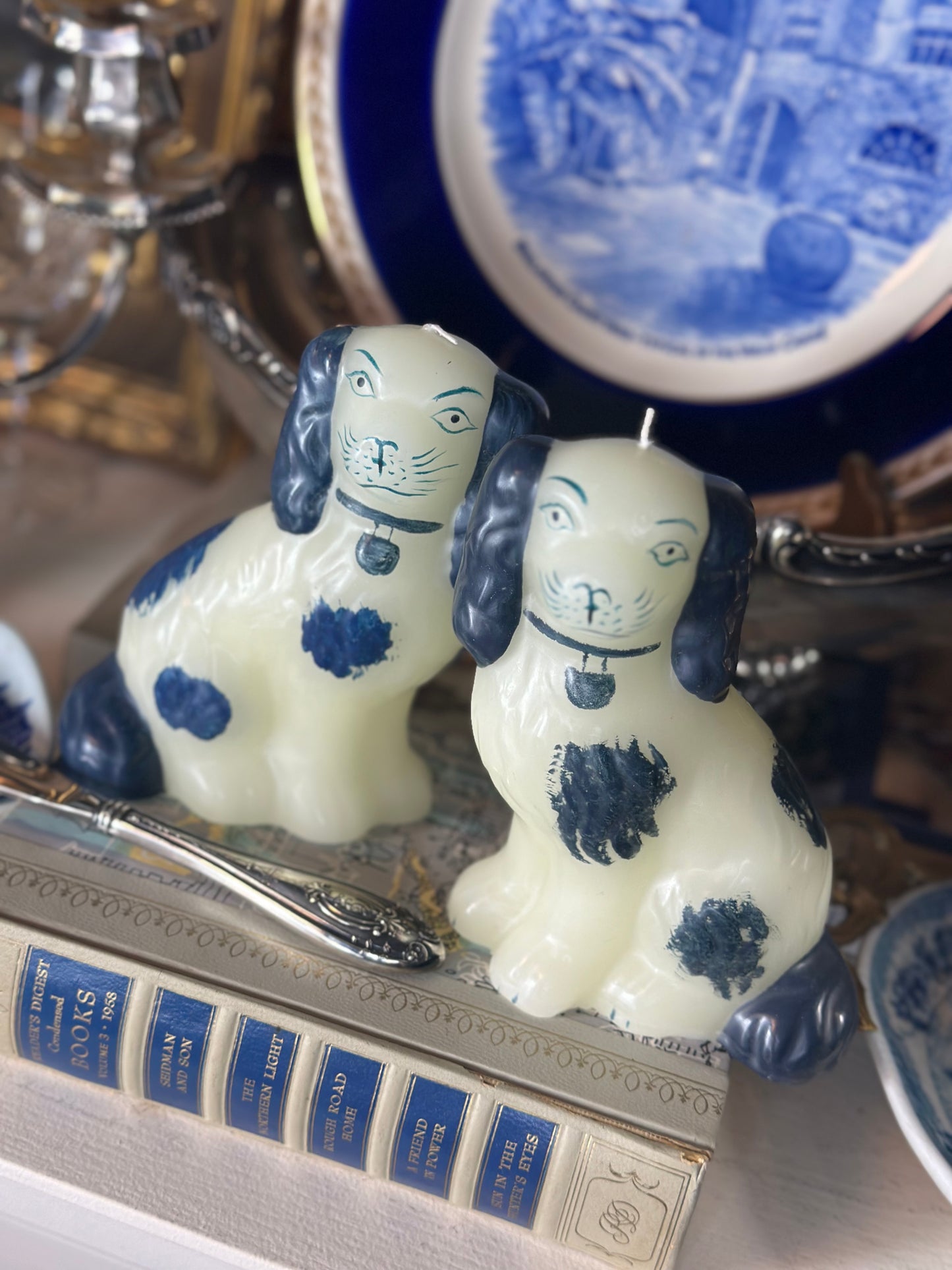 Darling "Staffordshire" candle pair of pups in cobalt & white!