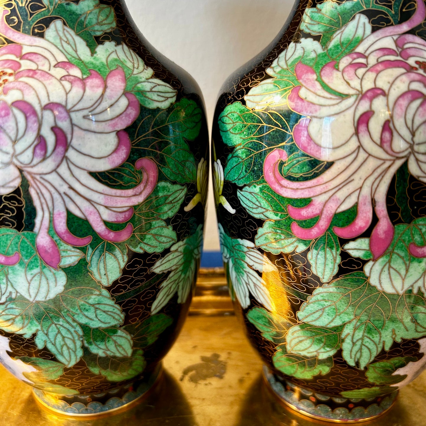 Perfect Pair of vintage brass cloisonné floral  vases.