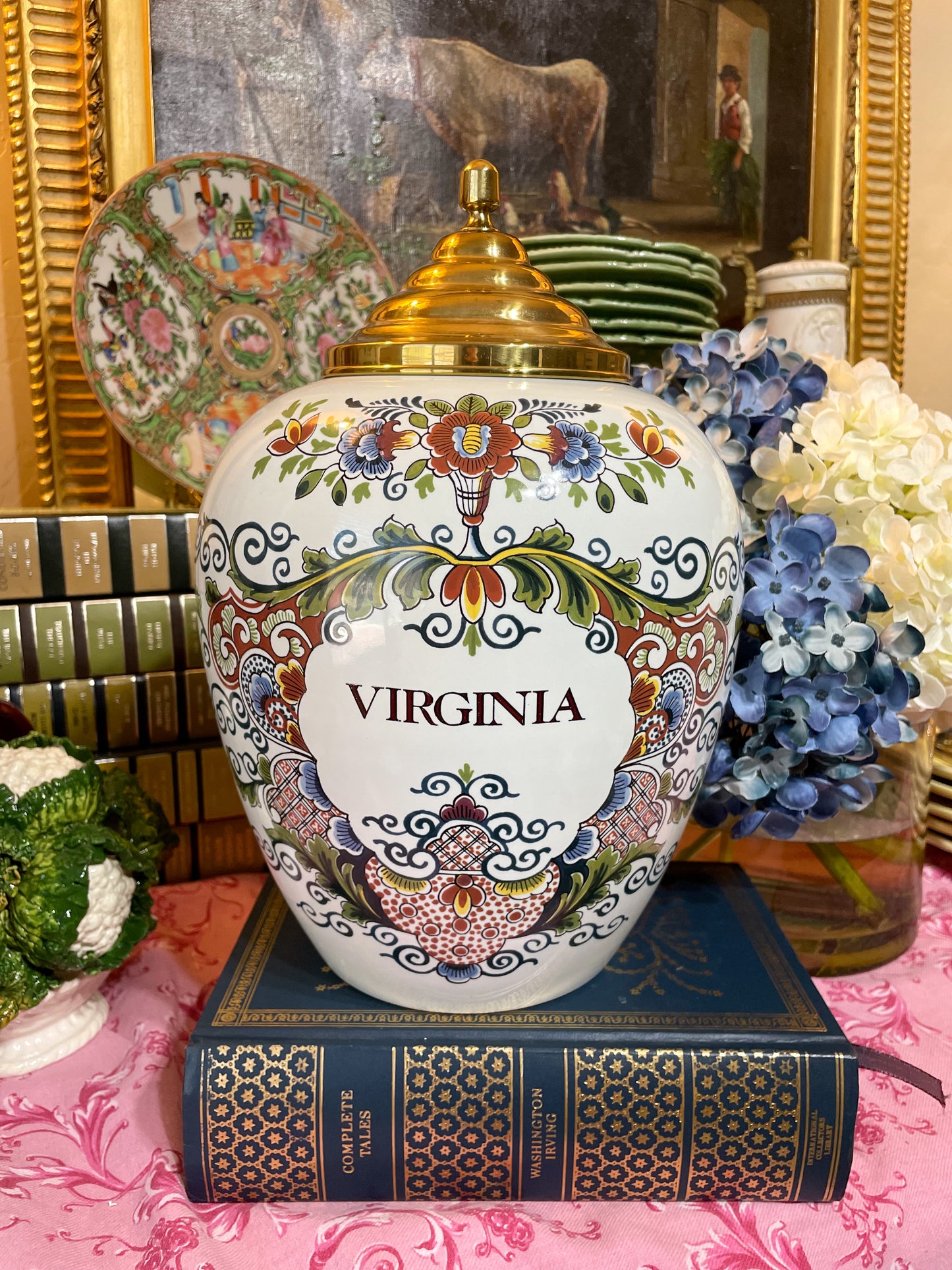 Large Delft Polychrome “Virginia” Tobacco Jar with Brass Lid