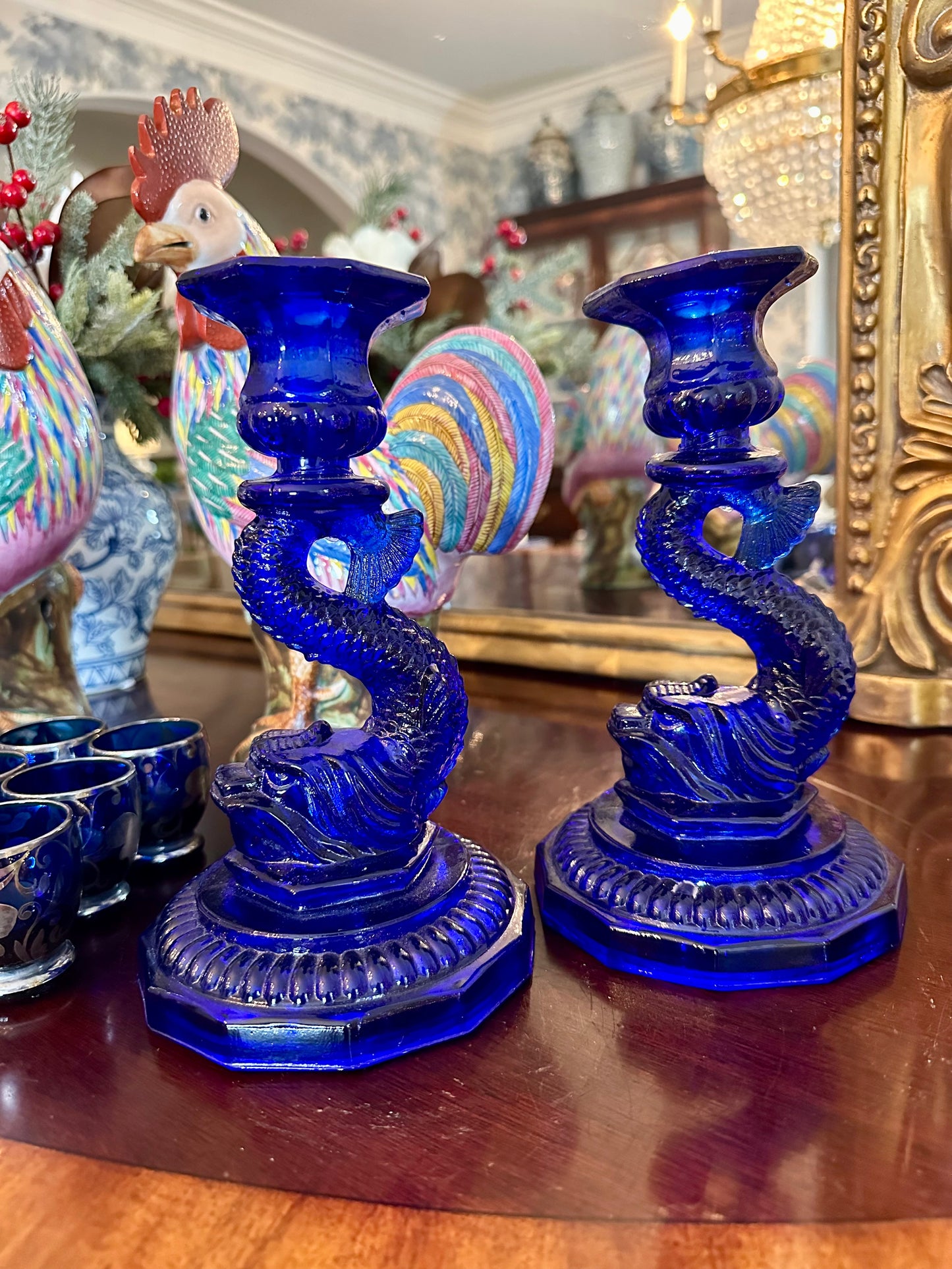 Reserved for Juliana-Pair Chinese Roosters, shell Limoges box, Limoges perfume, Italian Decanter Set, Cobalt Dolphin Candle holders, Pair SP Bowls