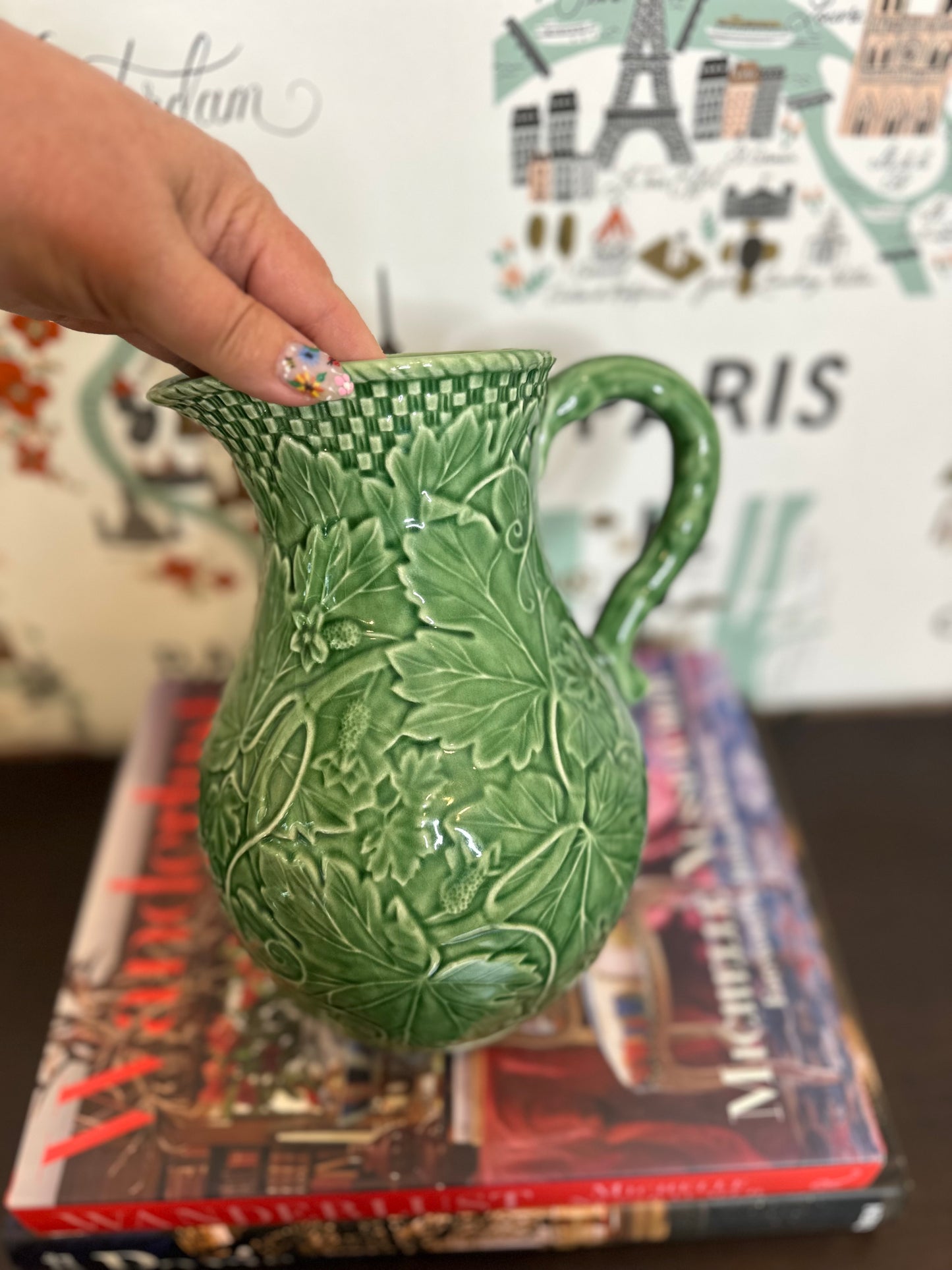 Fabulous Bordallo Pinheiro Vine Green Pitcher, Made in Portugal, 9"