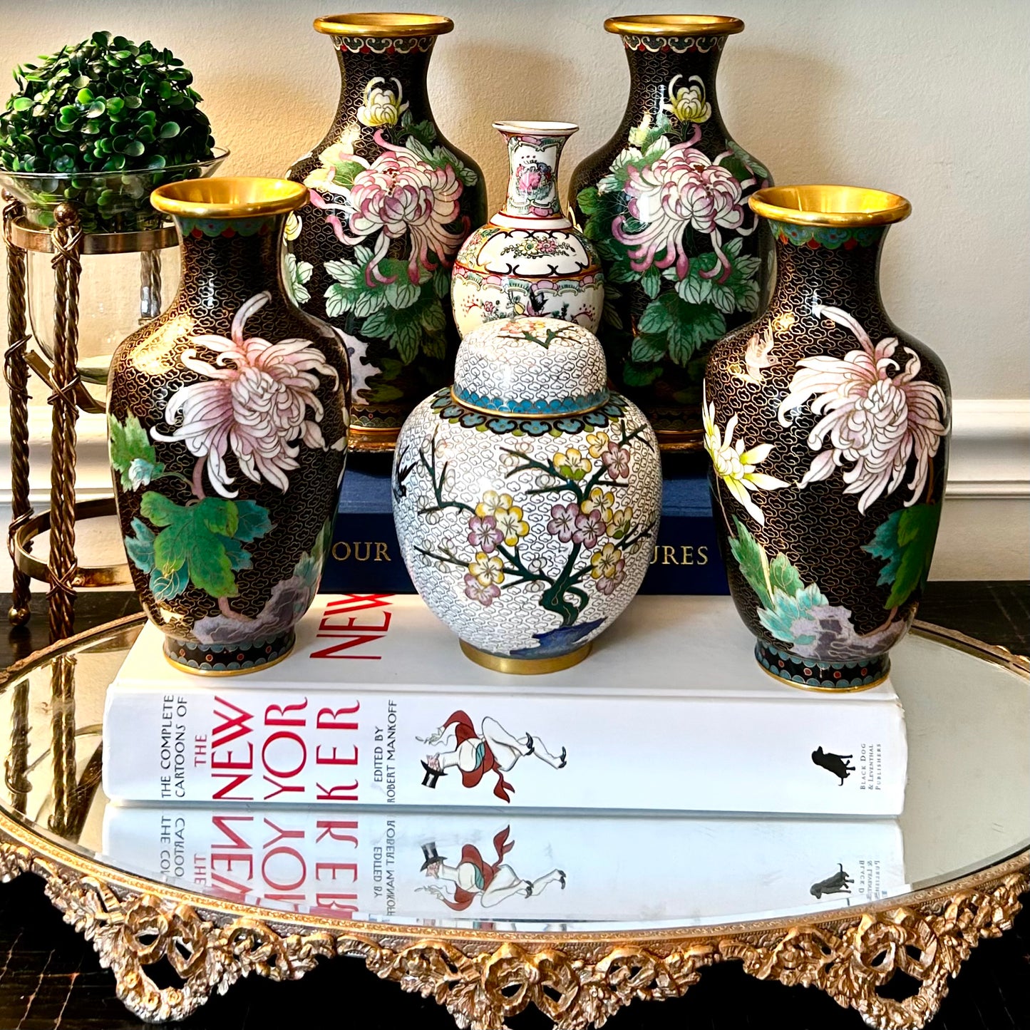 Crisp white vintage brass & enamel cloisonné etched ginger jar with lid