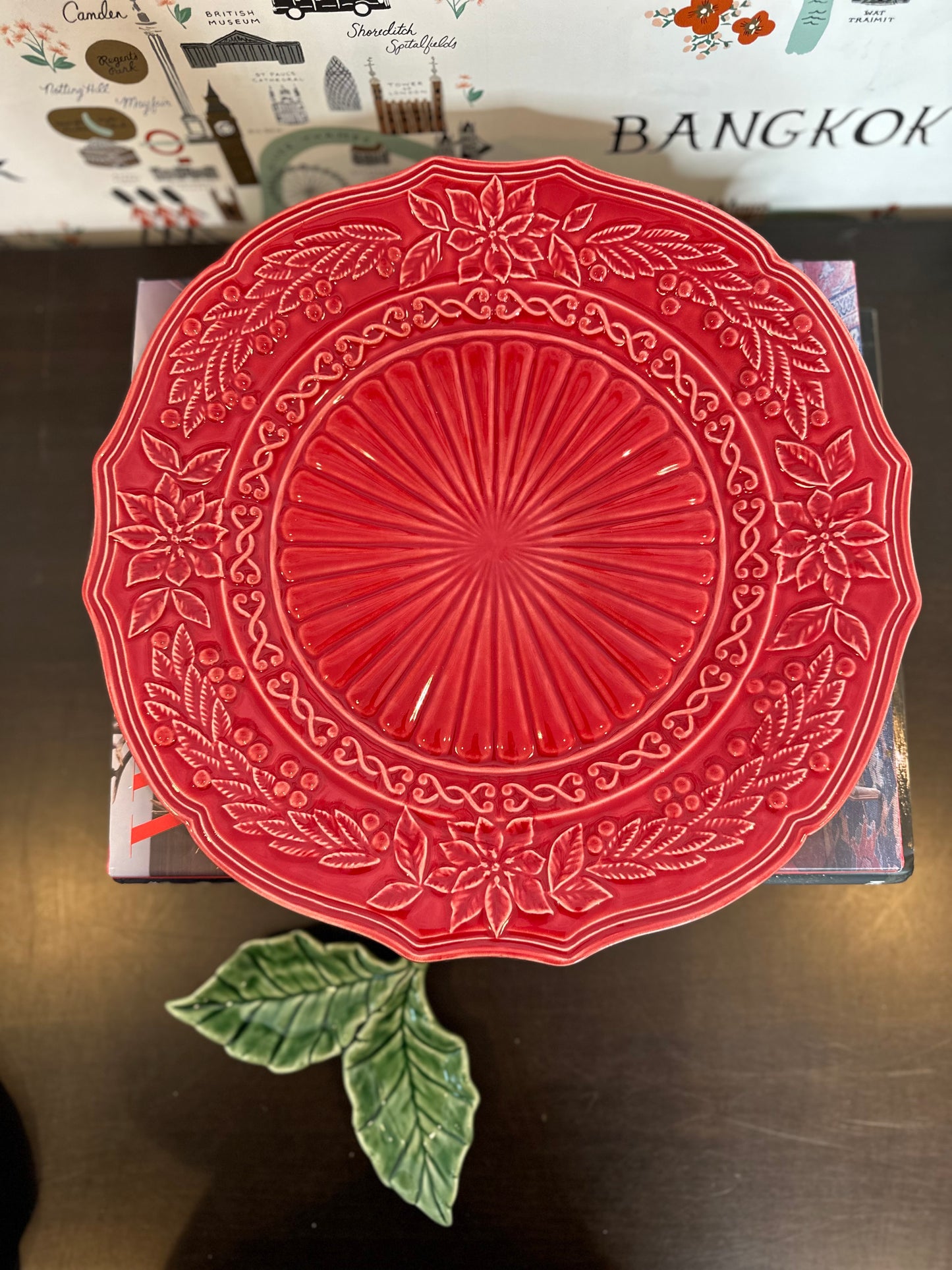 Bordallo Red Poinsettia (Christmas) Chop Plate Charger, Made in Portugal, 12.75”