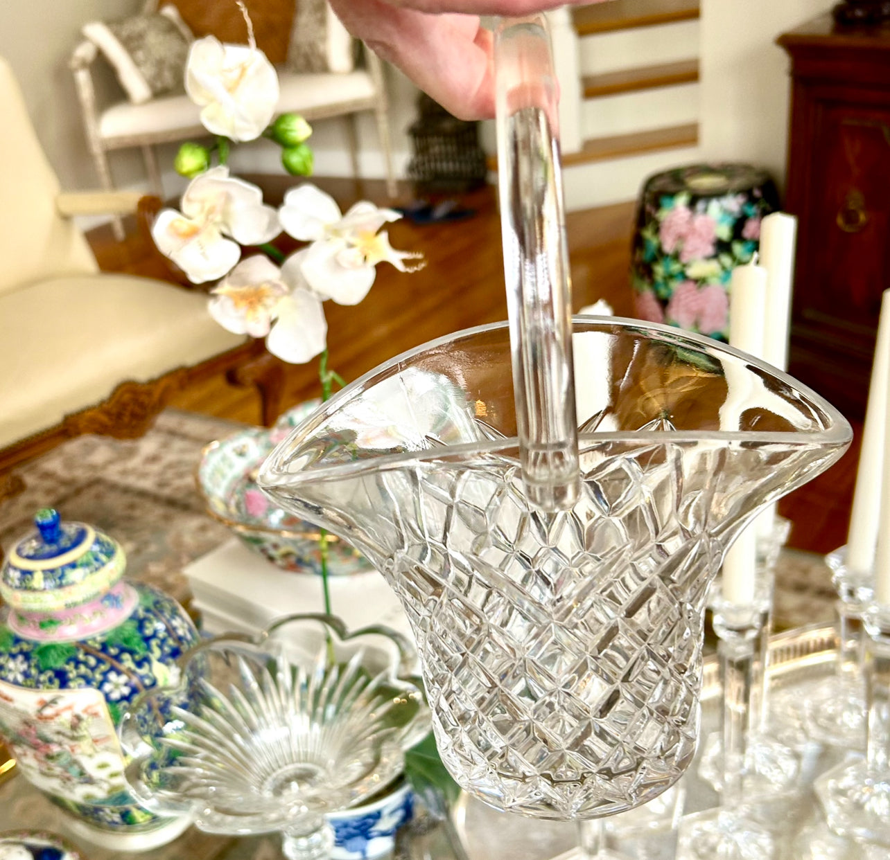 Vintage cut crystal Easter egg basket with handle