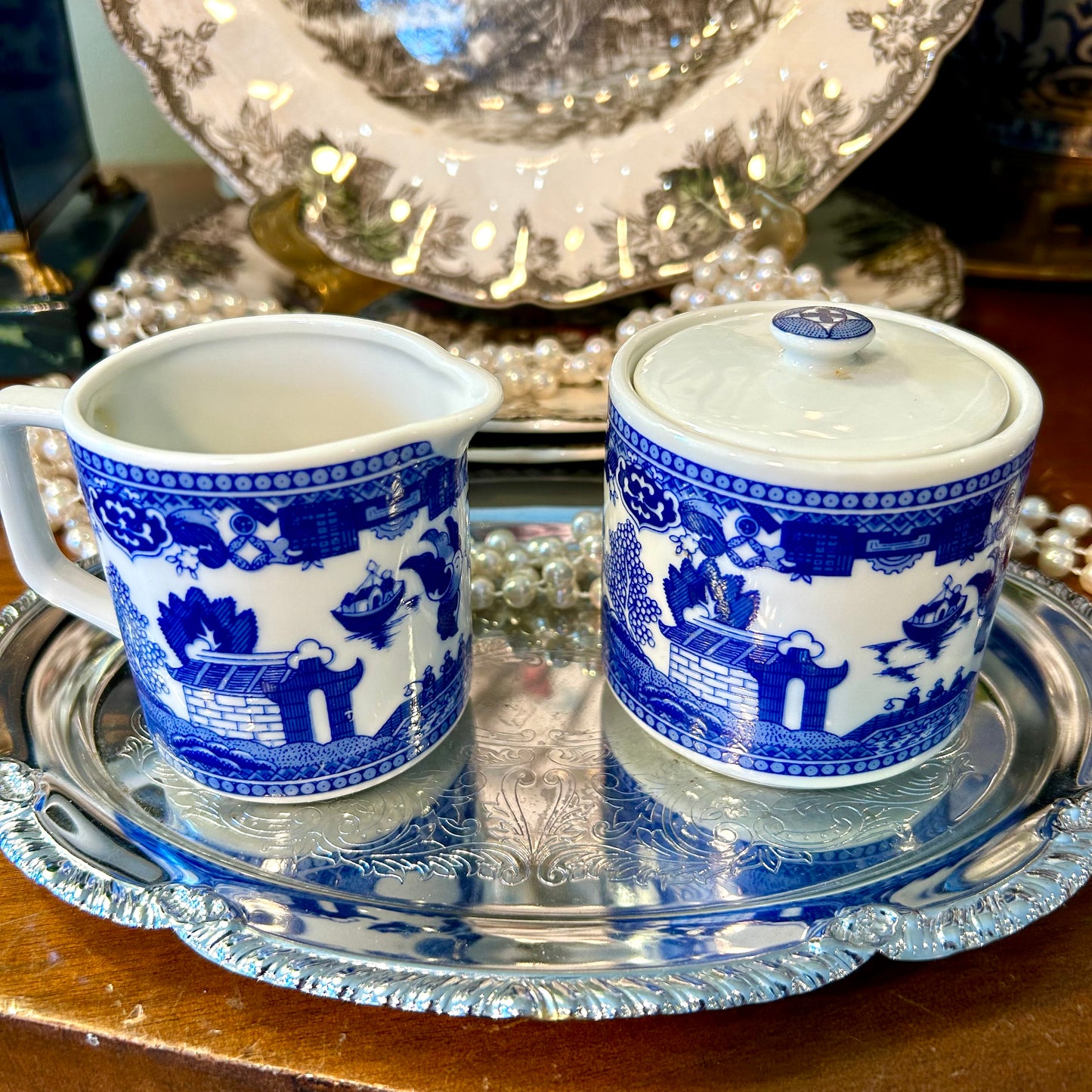 Blue & white porcelain cream and sugar serving pieces