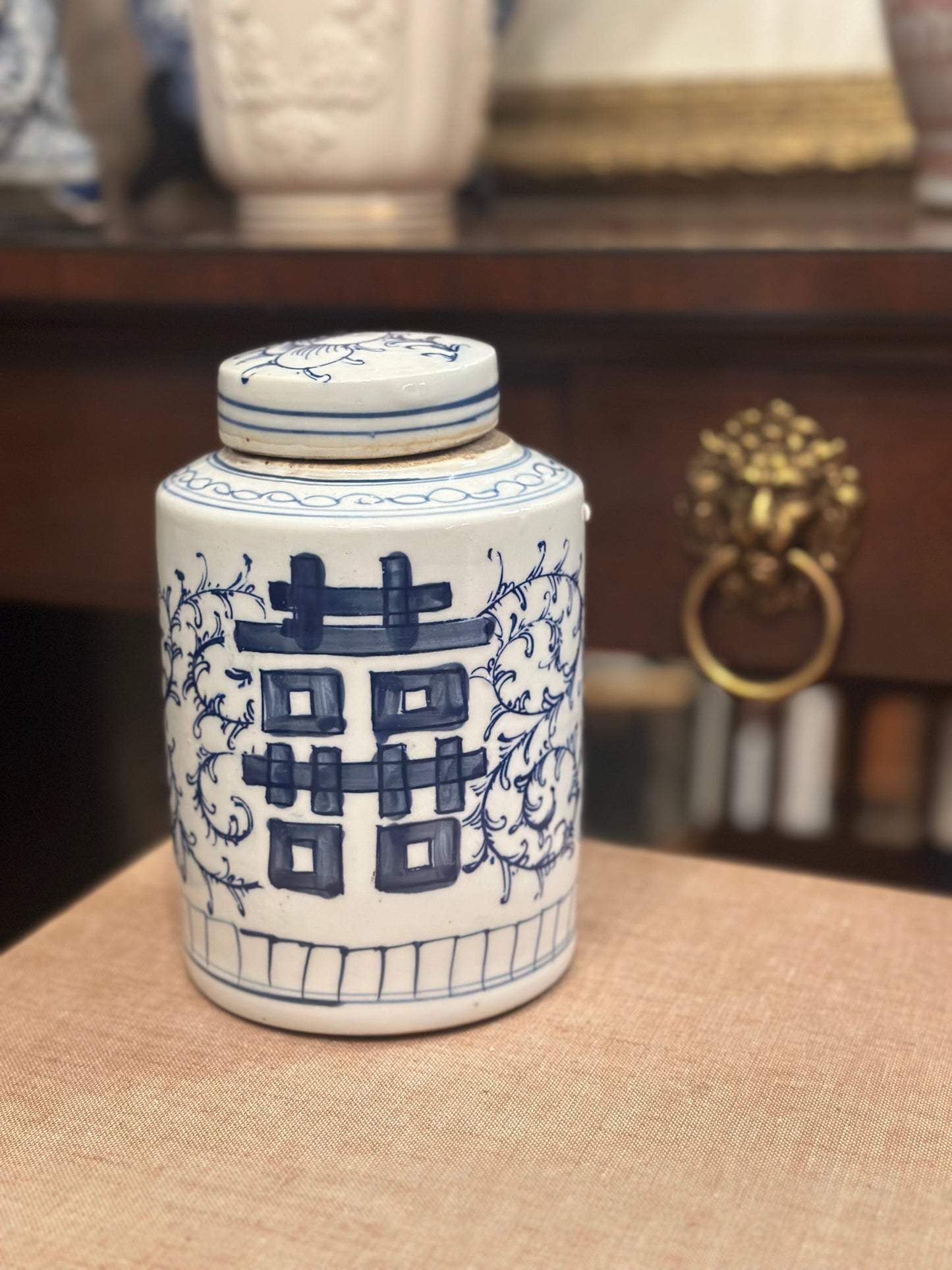 NEW - Blue & White, 7" Tall Double Happiness, Hand Painted Tea Caddy Jar