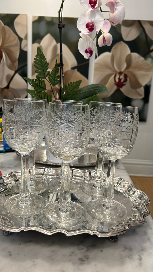 Gorgeous Set of 8 Hand Engraved Crystal Wine Glasses