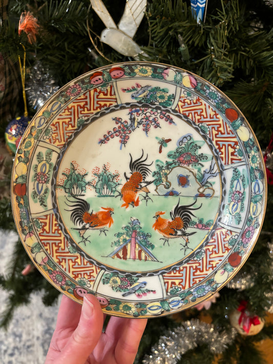 Handpainted Rose Canton Plate featuring beautiful details and roosters!