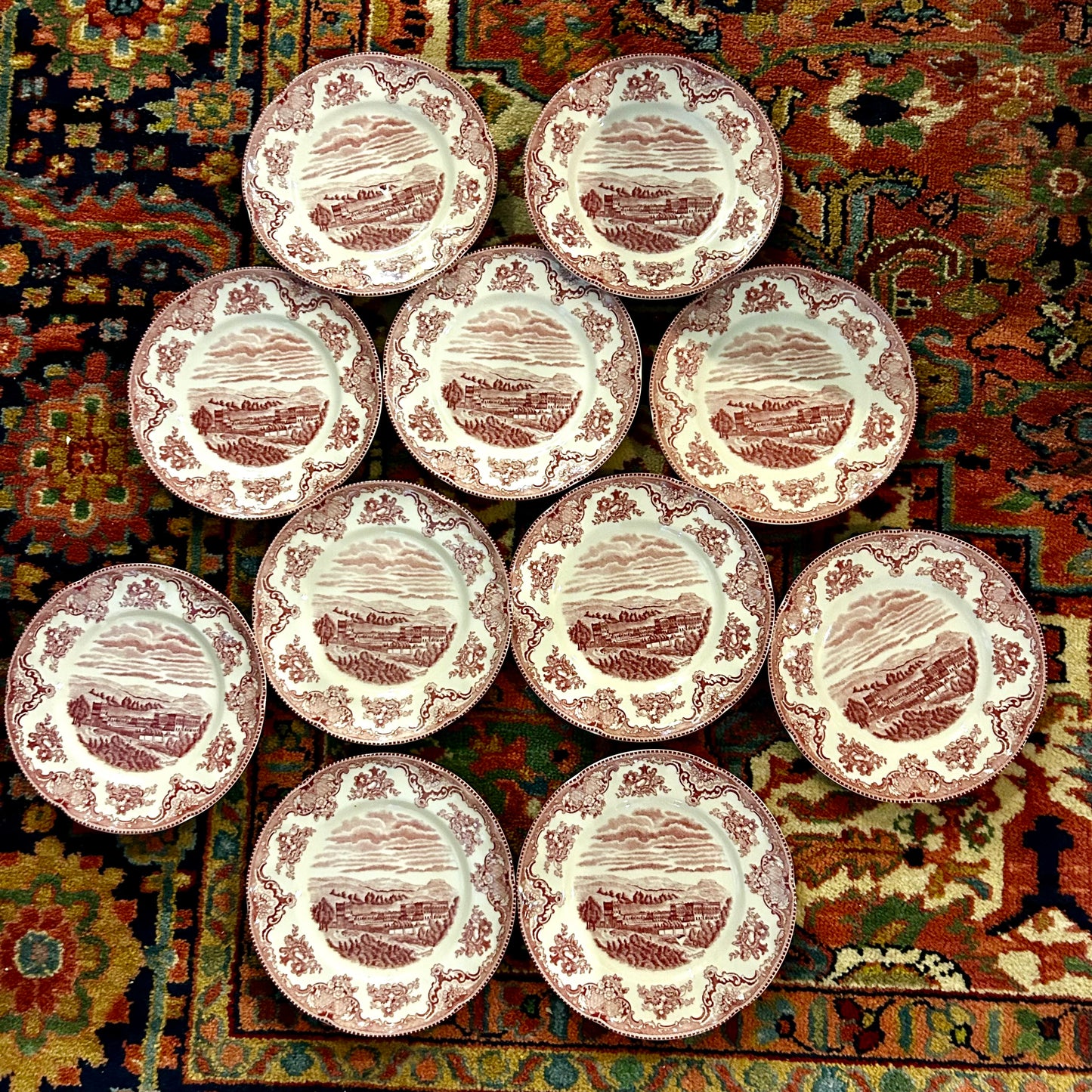 Set of 11 Johnson Brothers Of England pink / red & white toile salad dessert plates 8 in