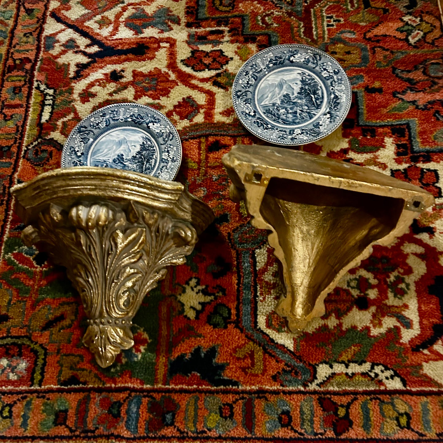 Handsome Pair of vintage wood wall sconces in gold gilt,