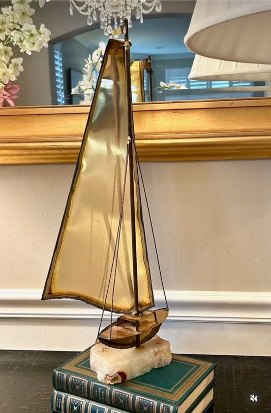 Statuesque vintage brass and marble sail boat statue 21 in hi