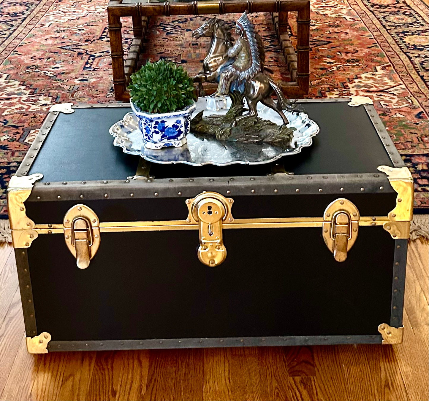 Handsome vintage  ebony black, Brass & leather storage trunk w handles steamer trunk coffee table .