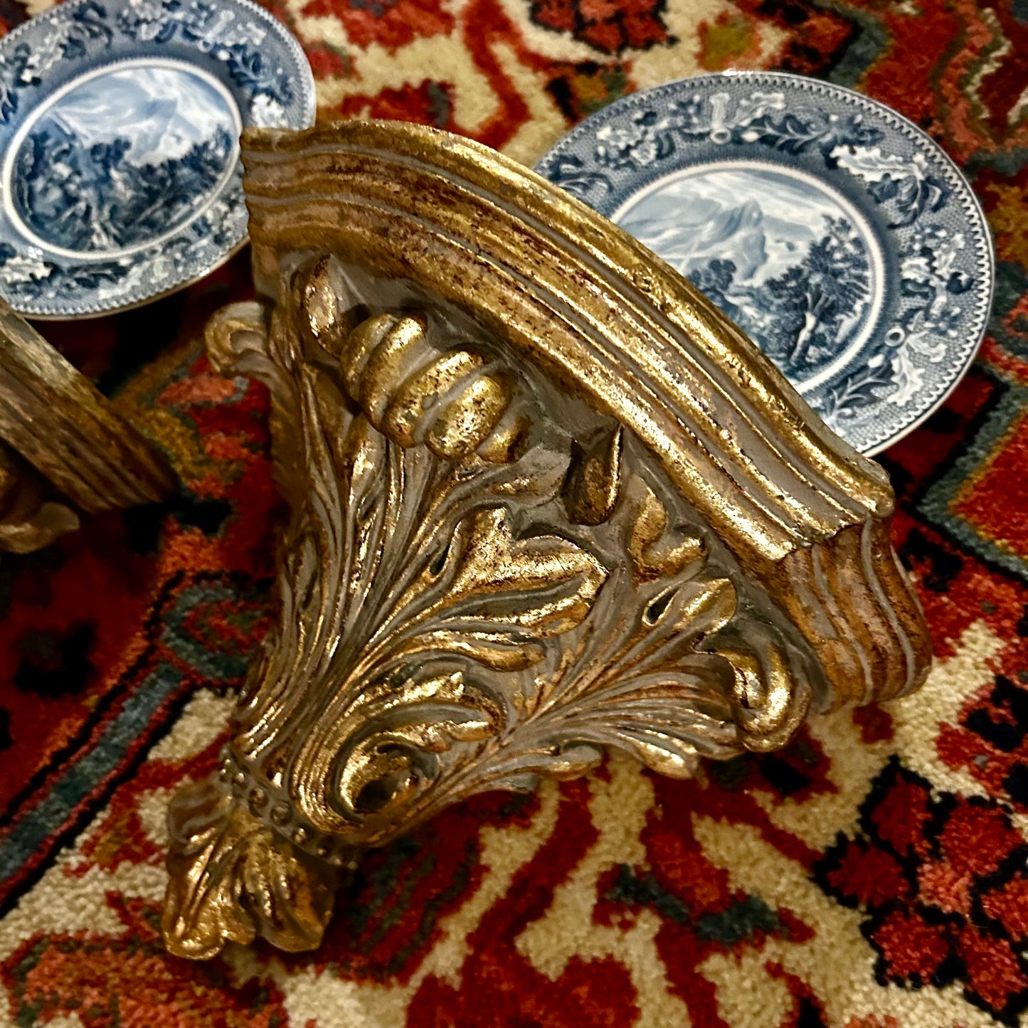 Handsome Pair of vintage wood wall sconces in gold gilt,