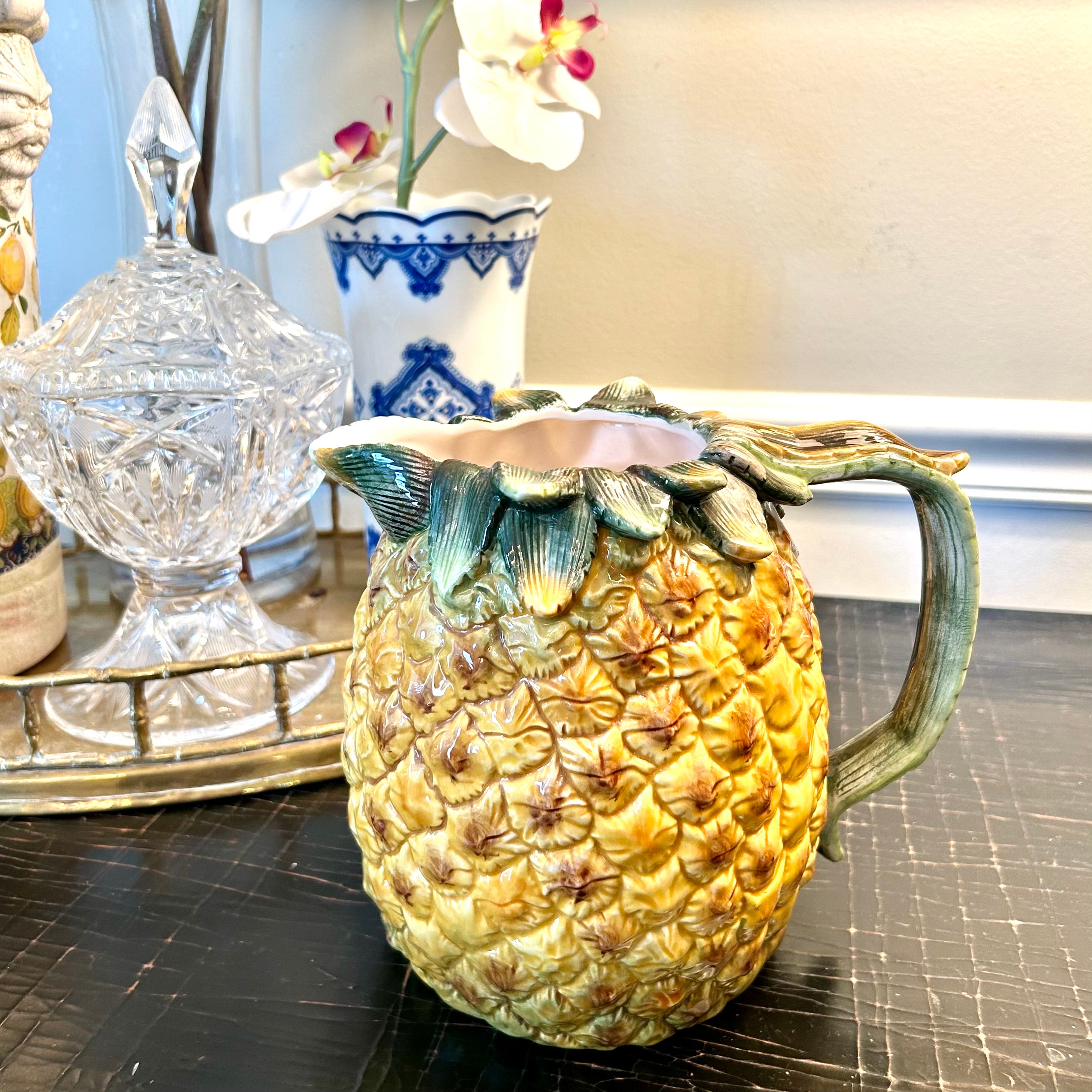 Vintage pineapple shape ceramic bowl yellow pudding baking molds sculptural vintage shops majolica stoneware handmade WGP Hollywood Regency Boho