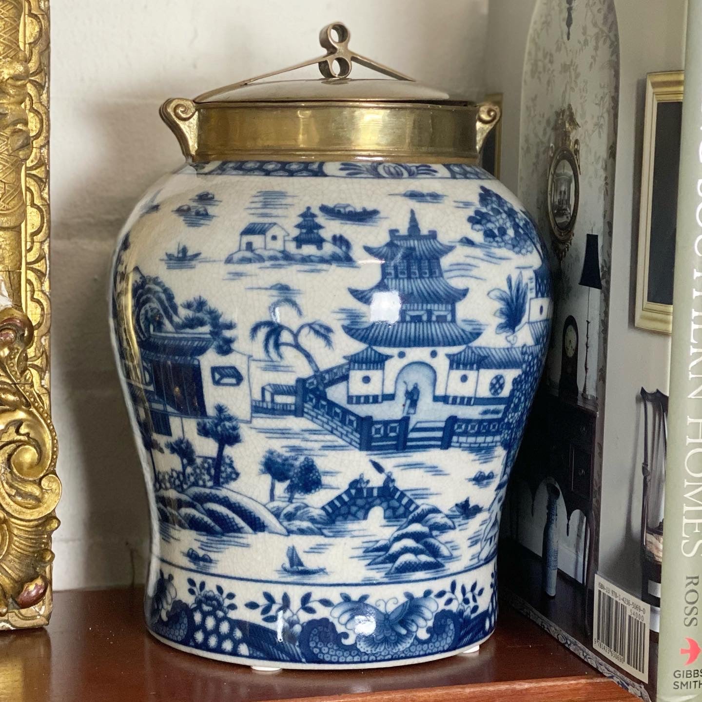 13” Tall Blue/White Porcelain Pagoda Jar W/ Bronze Lid