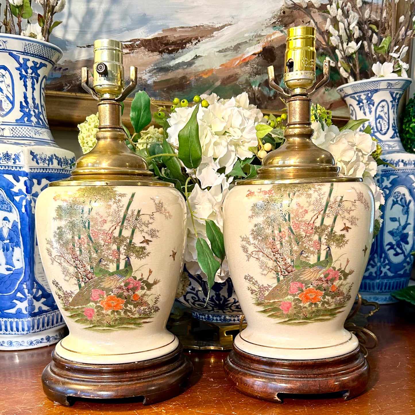 Delightful Pair of vintage chinoiserie botanical ginger jar lamps