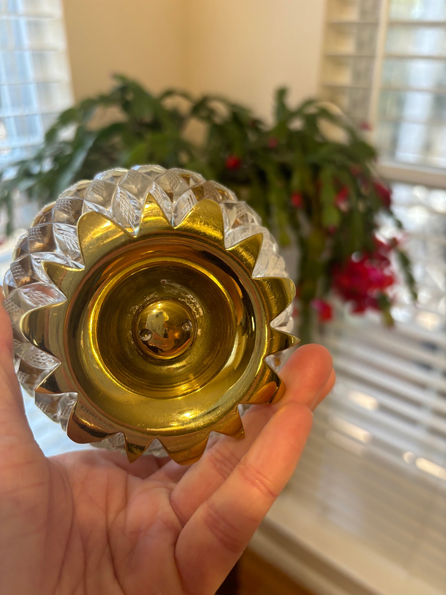 Beautiful pair of French crystal and brass pineapple dishes!