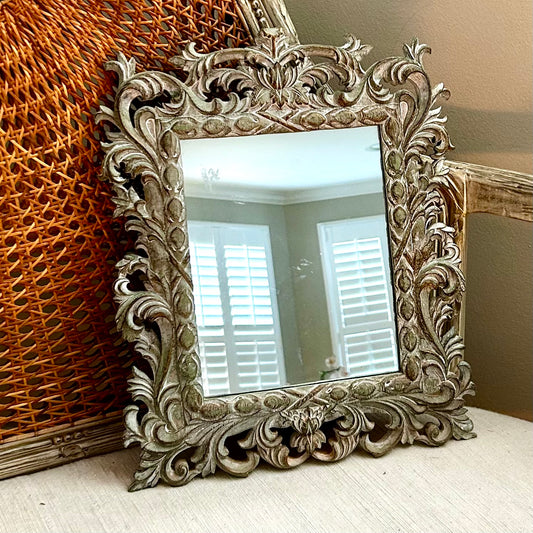 Boho chic baroque mirror in white wash wood 16 x 13