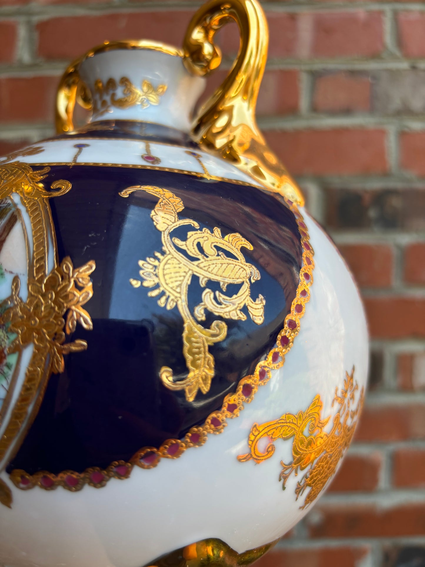 Stunning Limoges handpainted, gilded, and cobalt round vase!