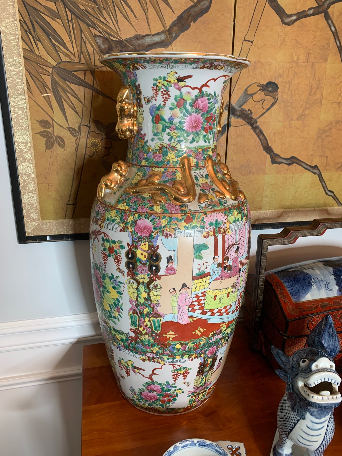 Large Rose Famille Floor Vase with gold detail