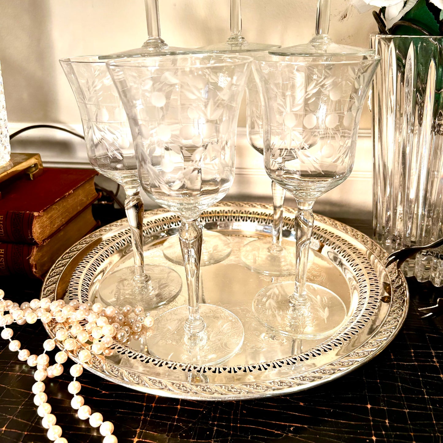 Set of 8 sparkling vintage etched crystal wine glasses stem ware.