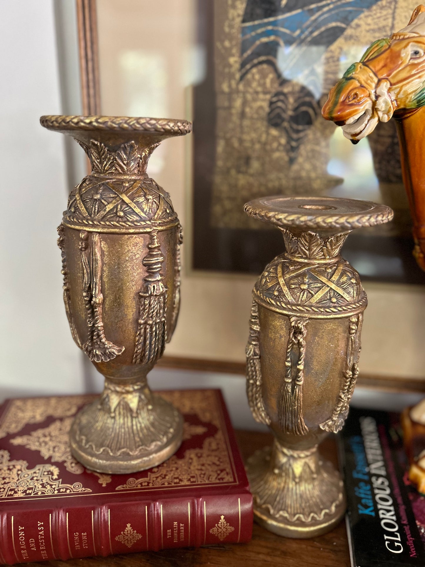 Pair of Gilded Tasseled Stands for Pillar Candles, 11” Tall!