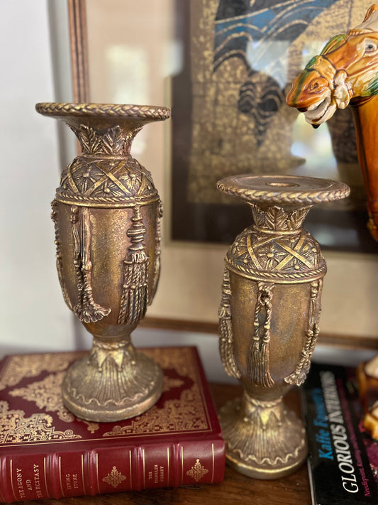 Pair of Gilded Resin Tasseled Stands for Pillar Candles, 11” Tall!