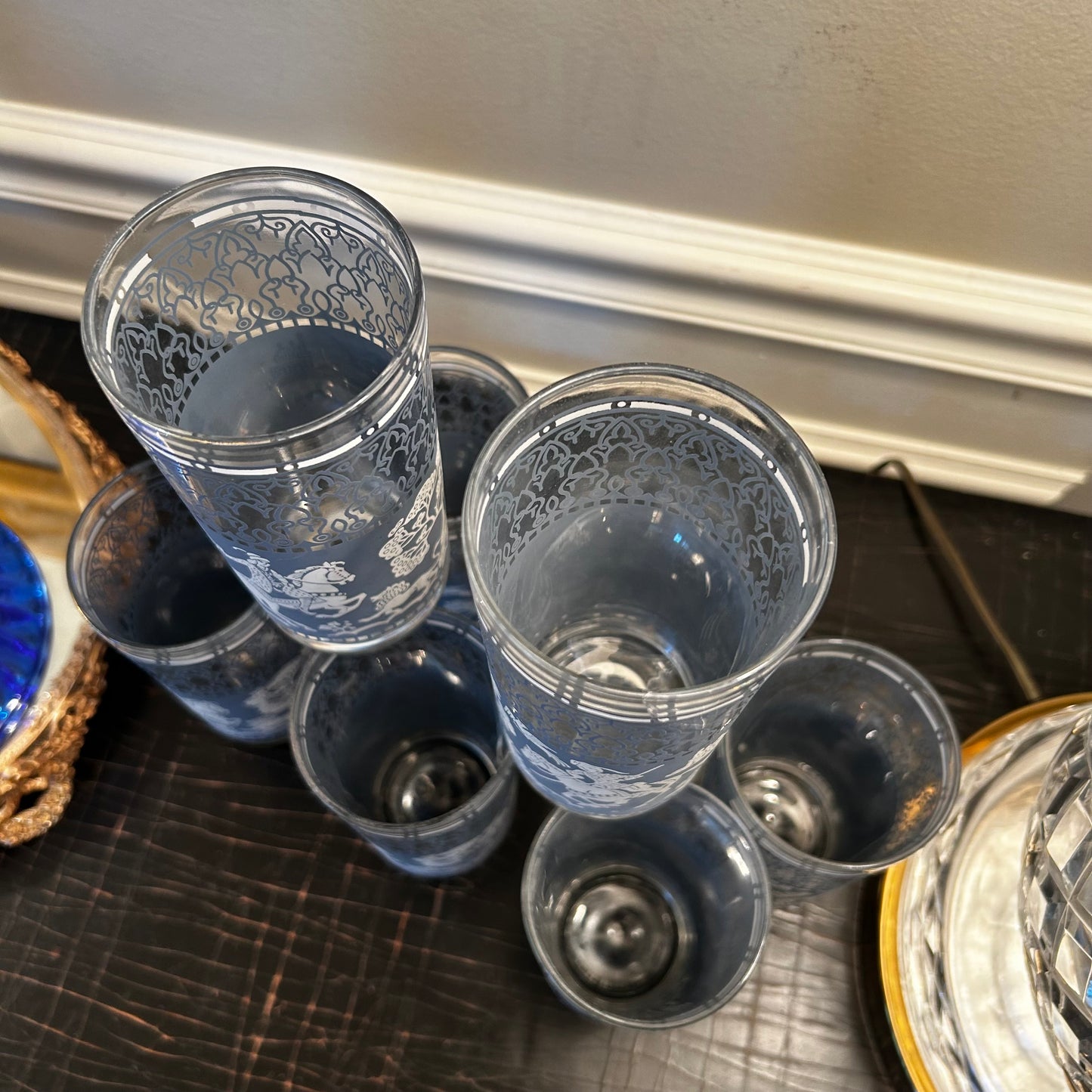 Set of 8 blue and white mid century jasperware tumbler  glasses