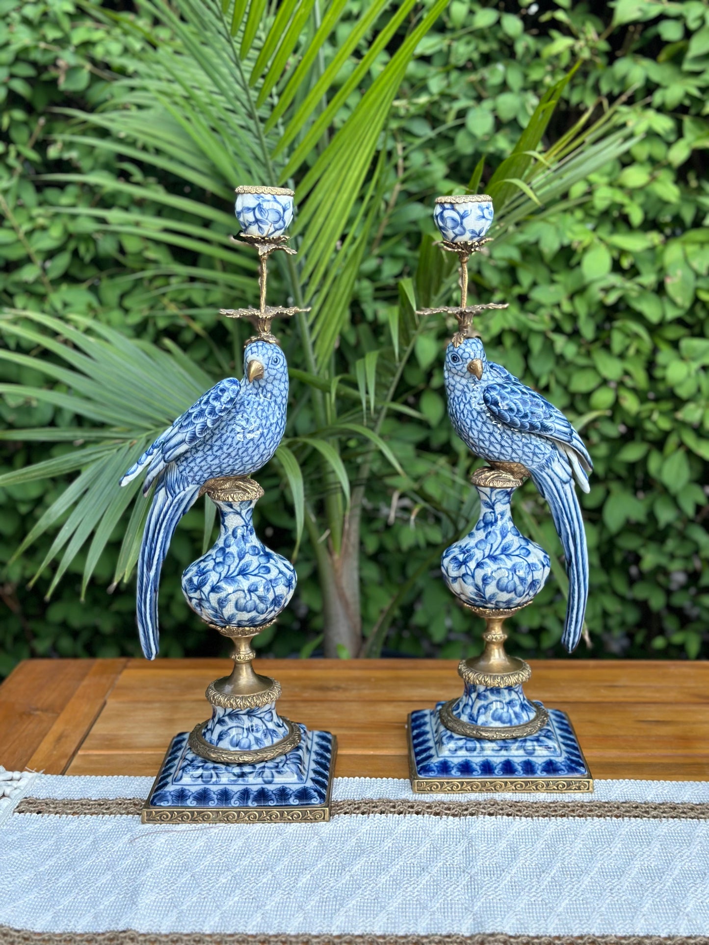 STUNNING- 21” Blue & White Bronze Bird pair Candle holders (2) Pair