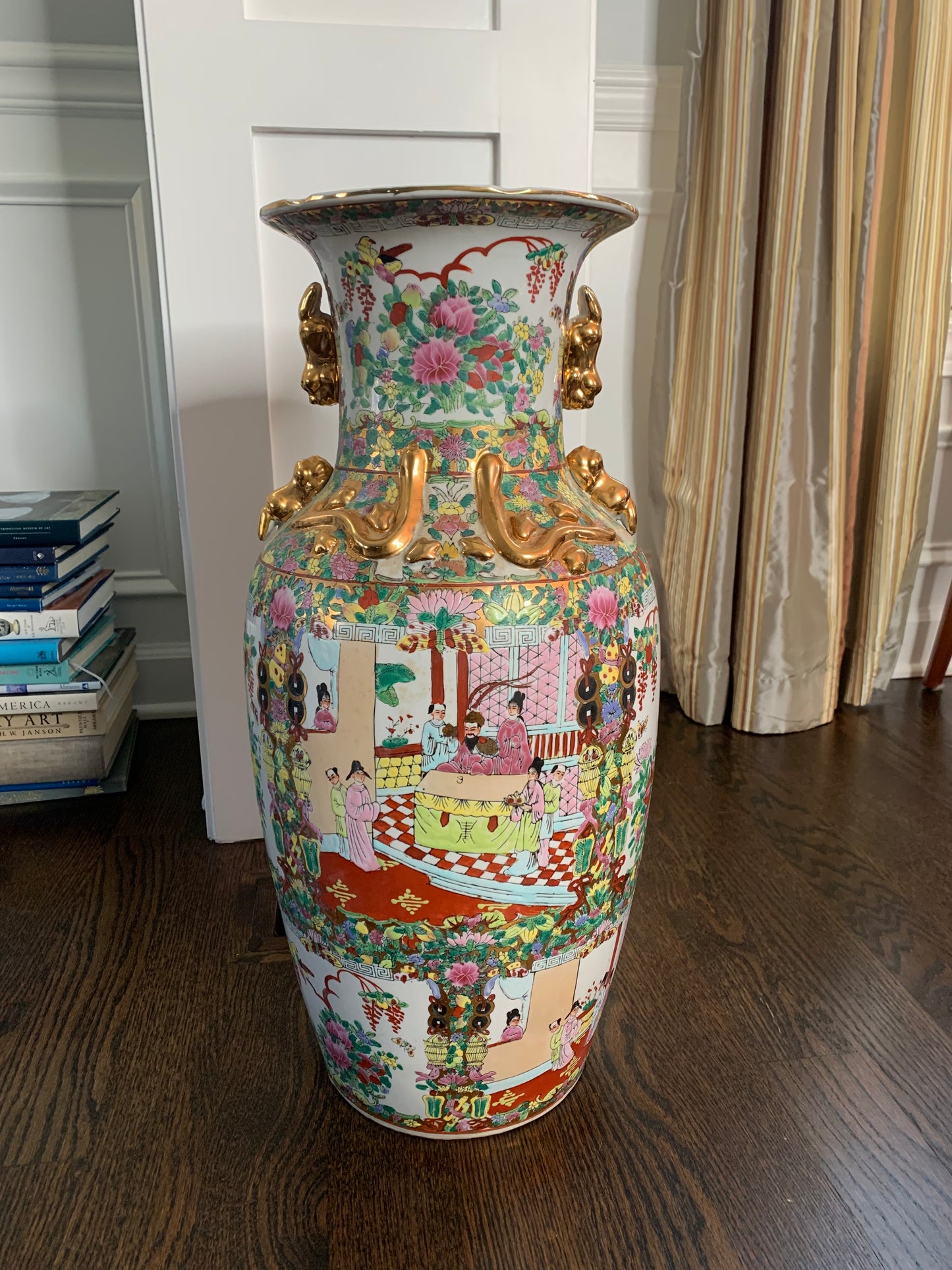 Large Rose Famille Floor Vase with gold detail