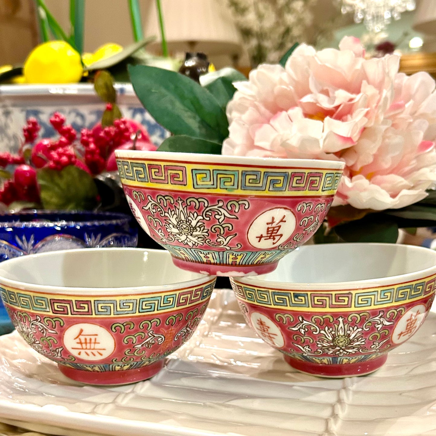 Set of 3 gorgeous vintage chinoiserie chinoiserie rose canton soup bowls or trinket dish