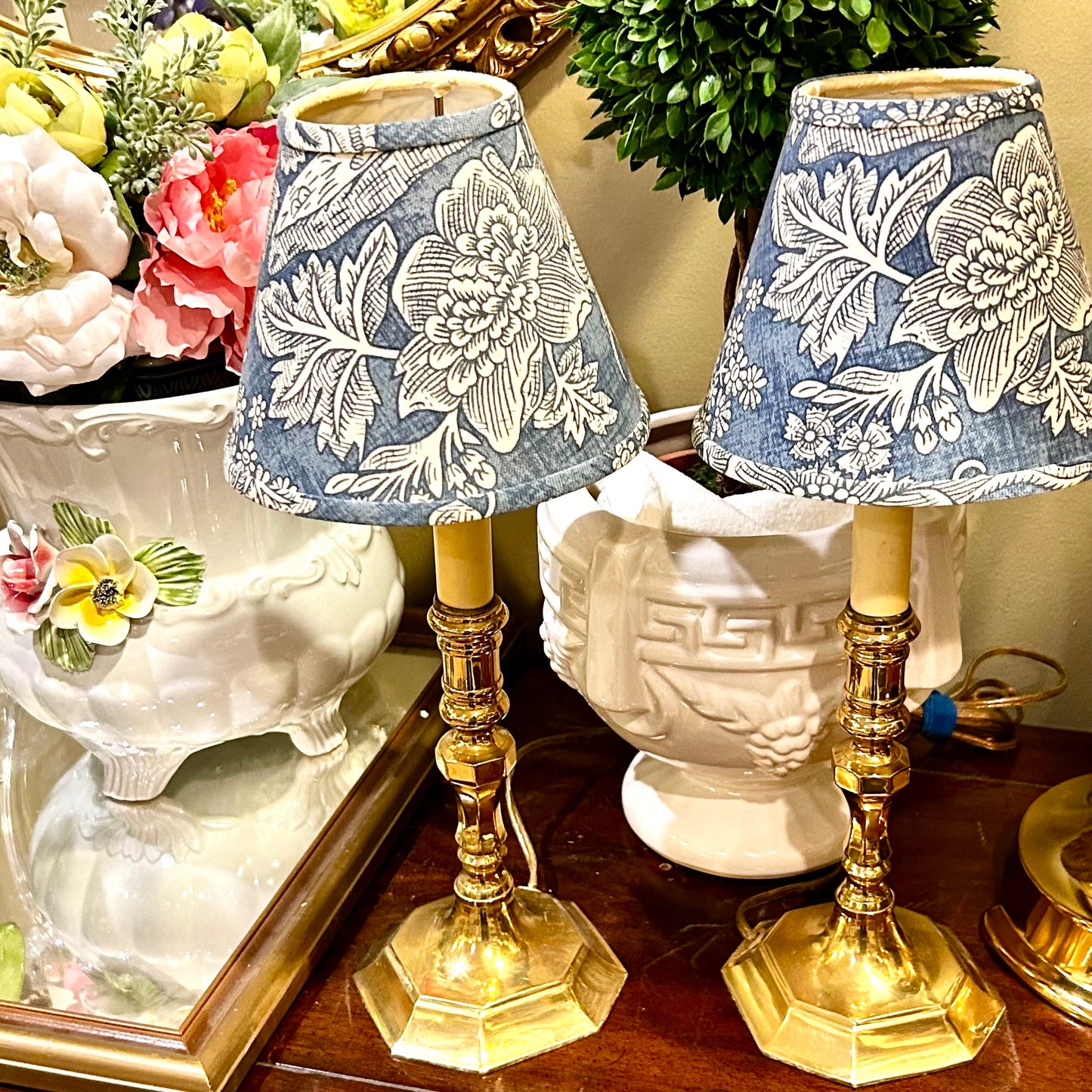 Pair of designer Lamp Crafters of CT brass candlestick vanity lamps with shades