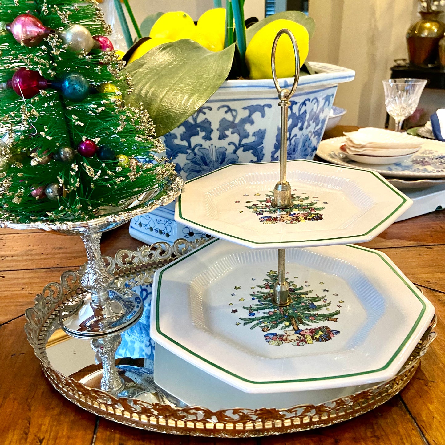 Vintage Designer Nikko Christmas tree 2 tier serving tray