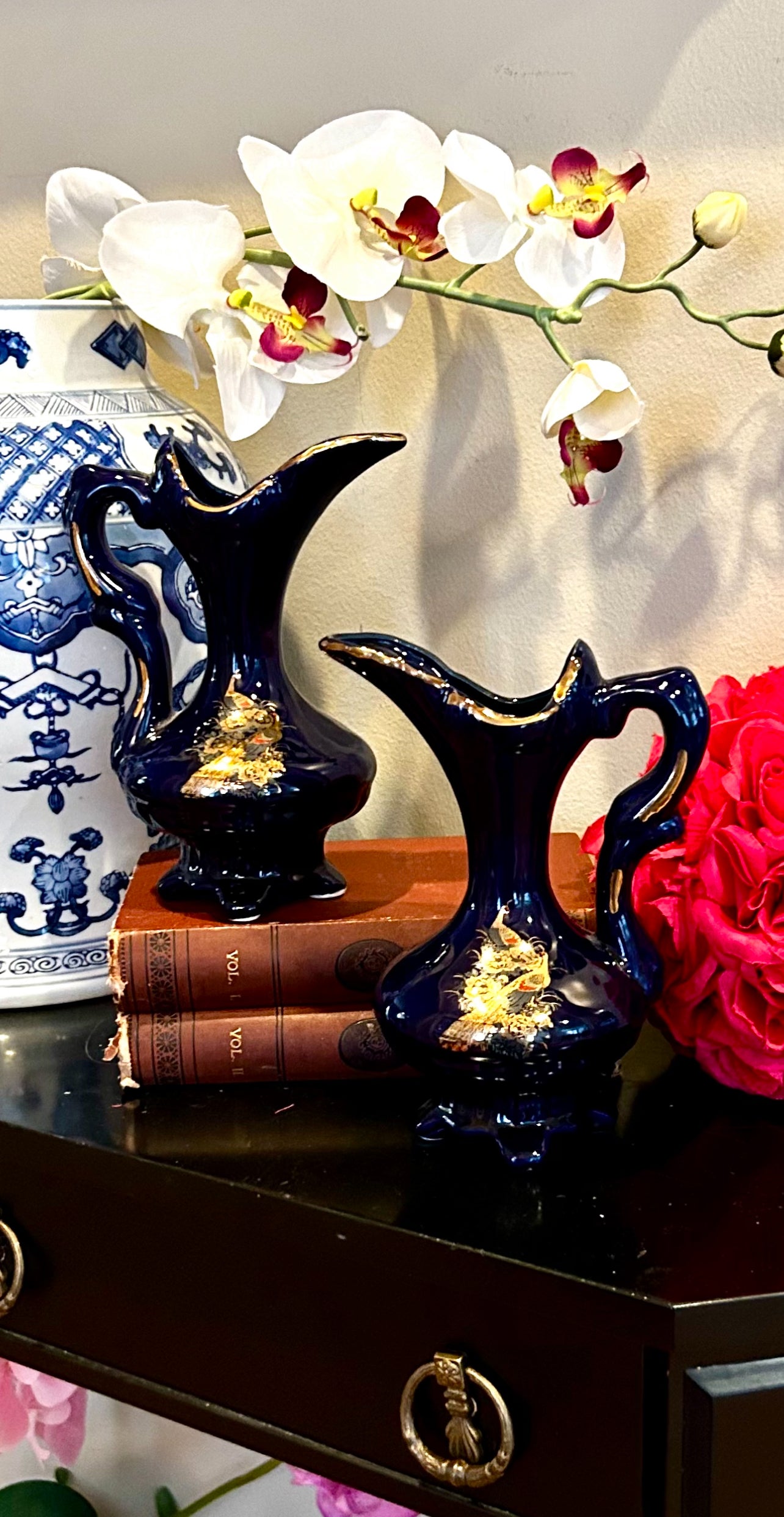 Perfect Pair of vintage cobalt blue chinoiserie floral  vases.