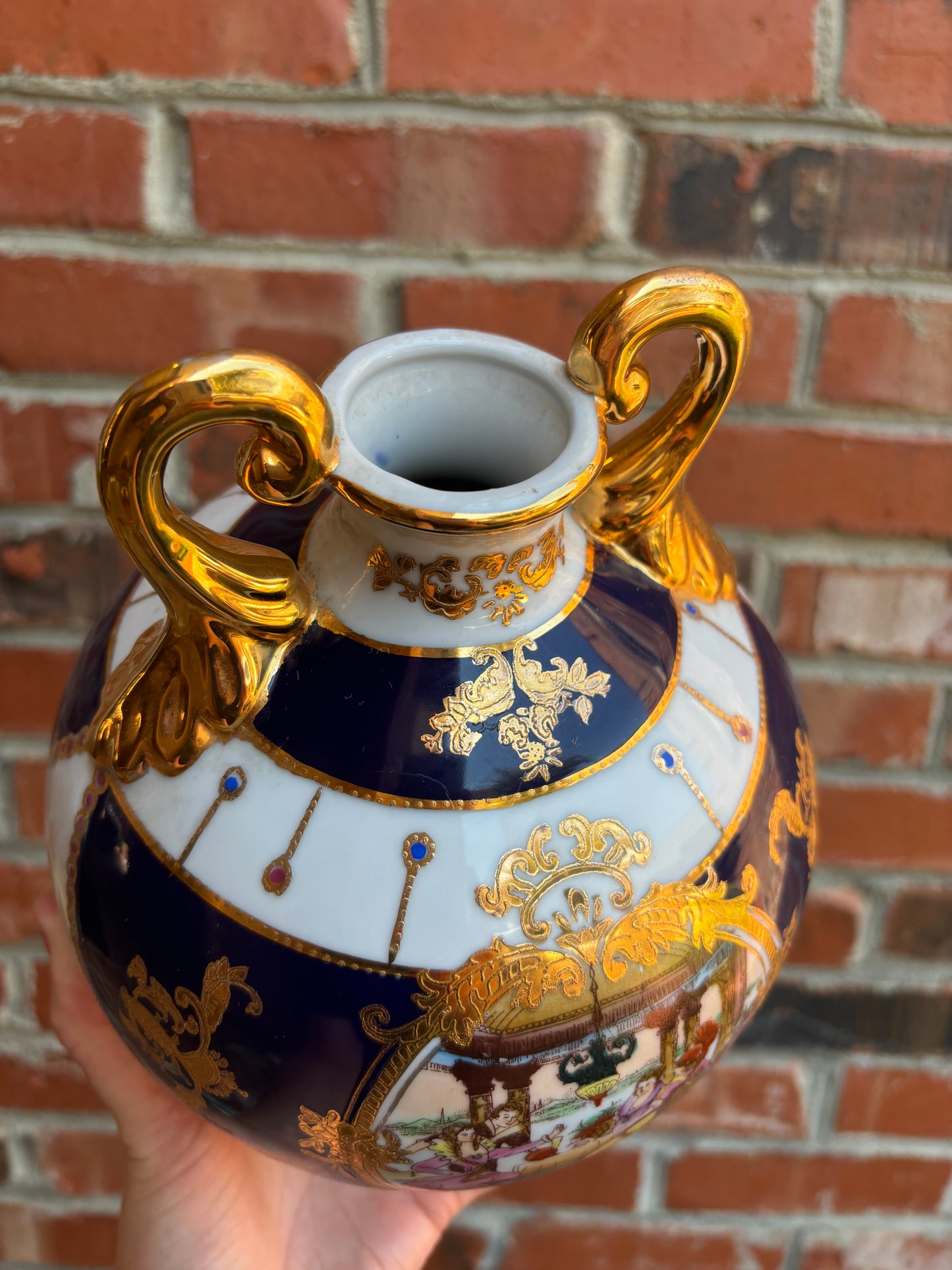 Stunning Limoges handpainted, gilded, and cobalt round vase!