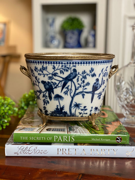 STUNNING - Blue & White Basin W/ Bronze Footing & Bird Design, 8.5" Tall