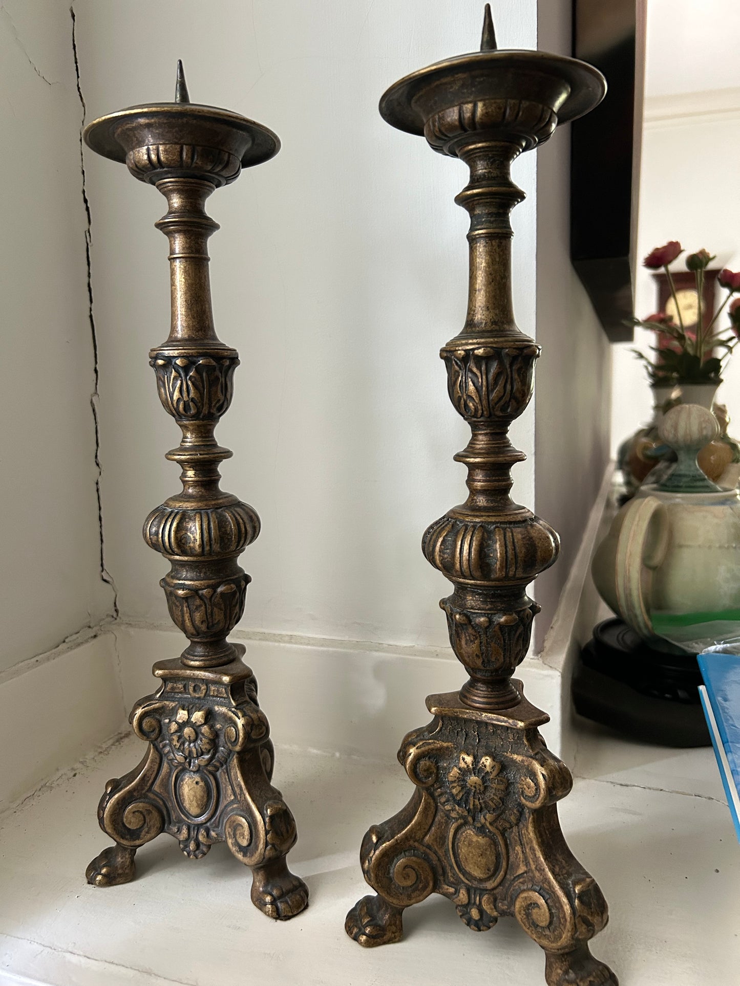 Pair of Very Heavy Brass/Bronze Candlesticks 17” Tall