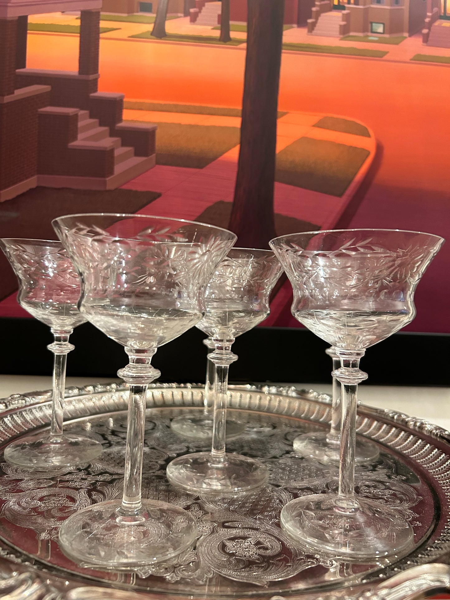 Charming Vintage set of Six Hand Engraved Champagne/Aperitif Glasses